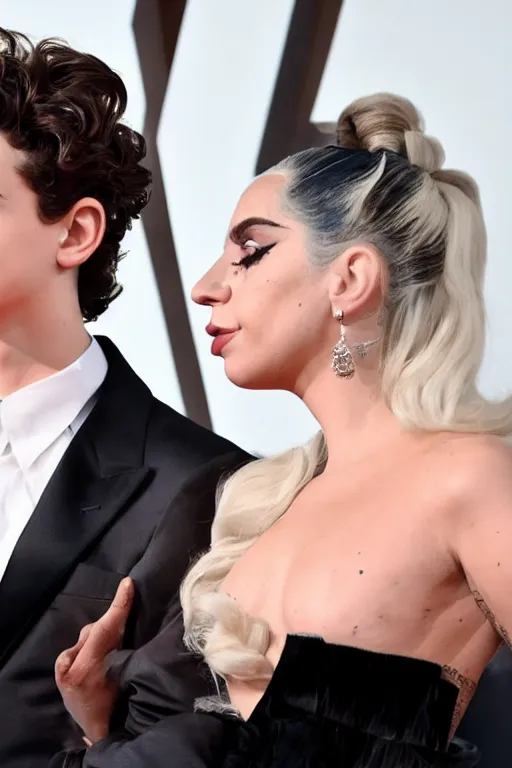 Image similar to timothee chalamet and lady gaga holding hands on the red carpet, beautiful detailed faces