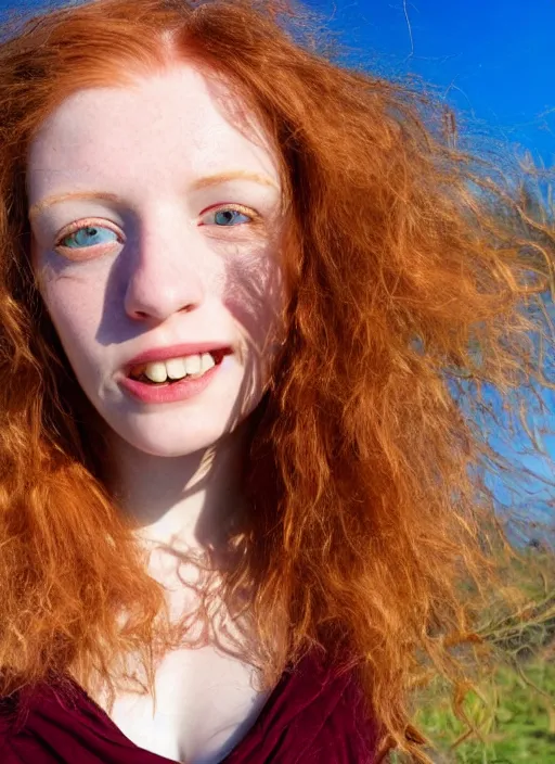 Prompt: close up portrait of a ( thin young redhead woman with russian descent, sunbathed skin, with ( intricate symmetrical deep blue eyes with ( round black pupils ) ) and ( wavy long maroon colored hair ) who looks directly at the camera with a ( slightly open mouth ) ). face takes up half of the photo. a park visible in the background. by luis royo.