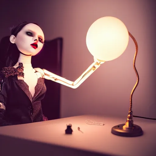 Image similar to lovely realistic robotic high end vampire fashion doll and accessories, on a table under a lamp light shining down over it like a spot light, god rays, dust particles, photorealistic, aesthetic shot, worms eye view, macro camera lens, high definition, thematic, cinematic, lens flare