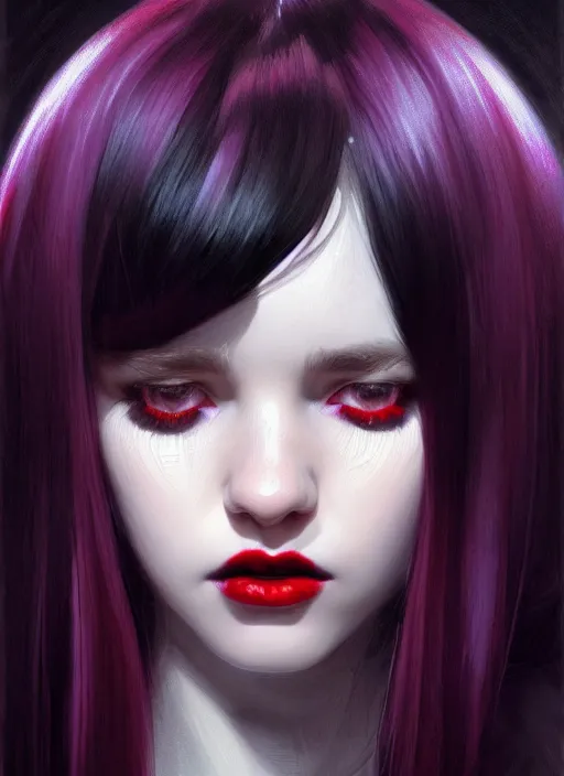 Image similar to portrait of teenage girl, red irises, red eyes, black hair, white bangs, purple lipstick, white bangs, bangs, black hair and white bangs, intricate, elegant, glowing lights, highly detailed, digital painting, artstation, concept art, smooth, sharp focus, illustration, art by wlop, mars ravelo and greg rutkowski