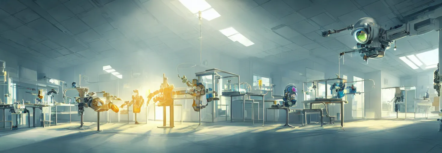 Image similar to brightly sunlit organic chemistry laboratory from the distant future staffed by one dysfunctional dilapidated multiarmed bipedal robot, science fiction industrial hard science concept art, 8K render octane high definition cgsociety