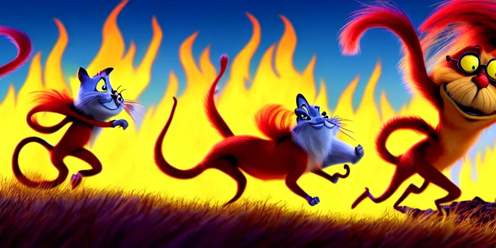 Image similar to cartoon concept art, terrified animal characters running from the fire, spiral clouds, from lorax movie