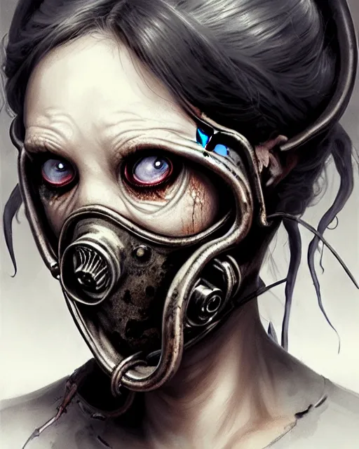 Image similar to a female zombie with gasmask old woman | | elderly - face, wrinkled face, realistic shaded perfect face, fine details. anime. tentacles, eldritch abomination, dunwitch horror, realistic shaded lighting poster by greg rutkowski, magali villeneuve, artgerm, jeremy lipkin and michael garmash and rob rey