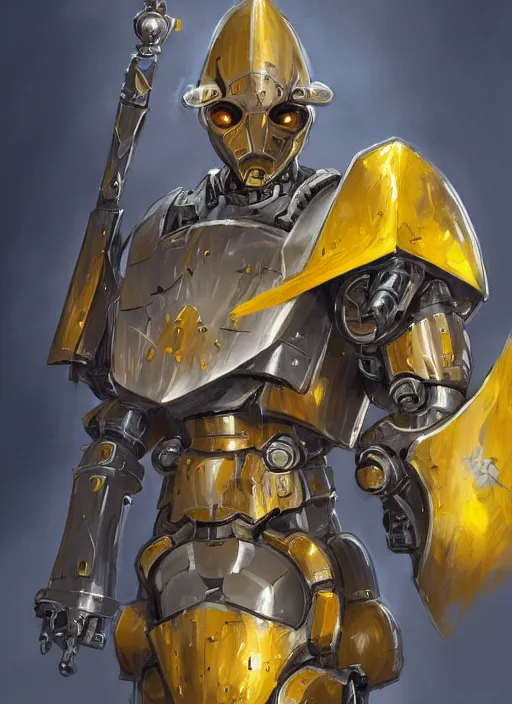 Image similar to dynamic portrait of a mecha warforged character in yellow armor holding a paladin engraved longsword and carrying a big shield, epic , trending on ArtStation, cinematic lighting, by Jesper Ejsing