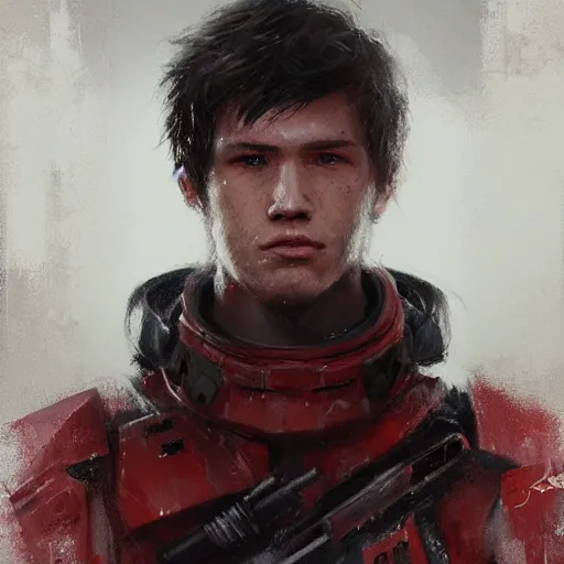 Image similar to portrait of a man by greg rutkowski, mixture between russian and japanese, black messy hair, star wars expanded universe, he is about 2 0 years old, wearing red tactical gear of the galactic triunvirate, highly detailed portrait, digital painting, artstation, concept art, smooth, sharp foccus ilustration, artstation hq