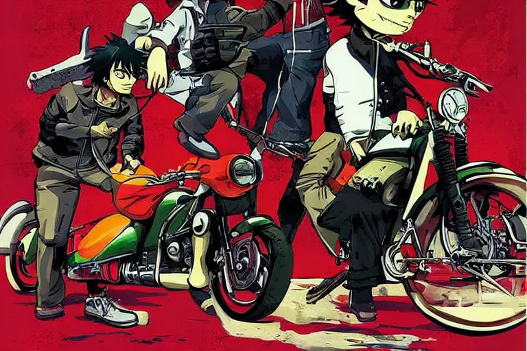 Prompt: italian pizza, akira's motorcycle, gorillaz, poster, artistic