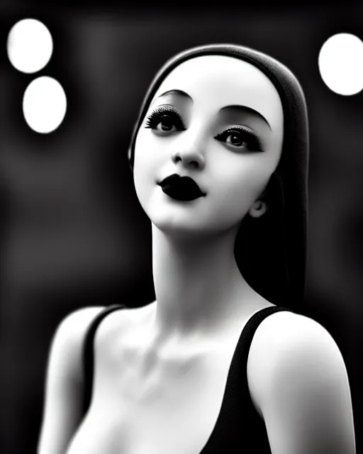 Image similar to black and white dreamy young beautiful female artificial intelligence, metropolis, cinematic, rim light, bokeh, photo - realistic, elegant, high detail, 8 k, masterpiece, photo taken in 1 9 3 0