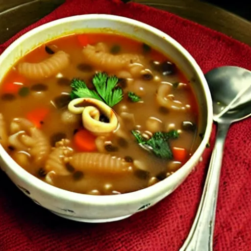 Prompt: a soup with worms