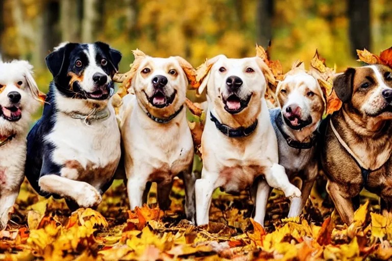 Image similar to four dogs of completely different breeds running through autumn leaves towards the camera