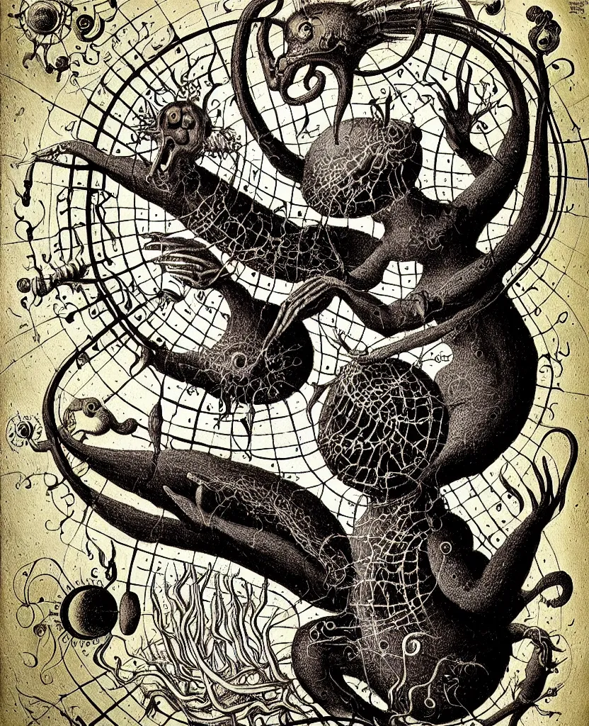 Image similar to whimsical freaky creature sings a unique canto about'as above so below'being ignited by the spirit of haeckel and robert fludd, breakthrough is iminent, glory be to the magic within, painted by ronny khalil