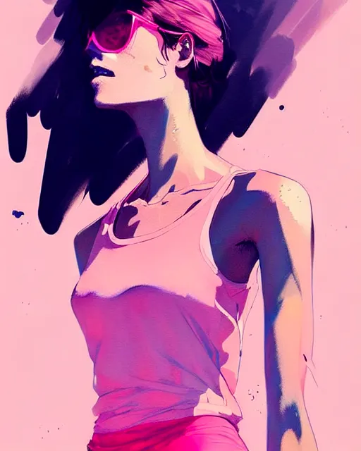 Image similar to a ultradetailed beautiful painting of a stylish woman in a pink tank top, by conrad roset, greg rutkowski and makoto shinkai trending on artstation