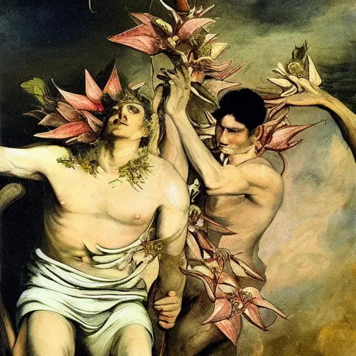 Image similar to close relationship between datura stramonium and men, mythical full of symbolism picture, hyper detailed, hyper realistic, warm colours, symbiosis, Francisco Goya style