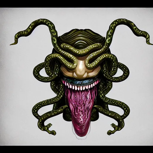 Image similar to torquoise fantasy fanged medusa, medusa head, snake heads, medusa head, snake heads, medusa head, snake tongue, snake tongue, snake tongue, snake tongue, snake tongue, snake tongue,, snake eyes, hair made of snake eyes, fantasy game art, fantasy rpg, league of legends