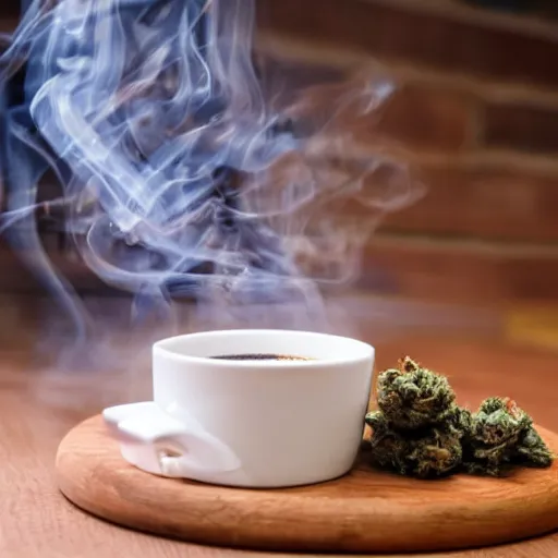 Image similar to a coffee cup with smoke coming from it, on the table it has marijuana blunts