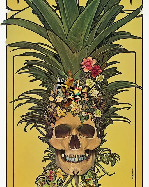 Image similar to Poster of an ancient skull with pineapple leaves growing out of the top art surrounded by varities of flowers, cell shading, by Alphonse Mucha, Moebius, hiroshi yoshida, Art Nouveau, colorful, ultradetailed, vivid colour, 3d