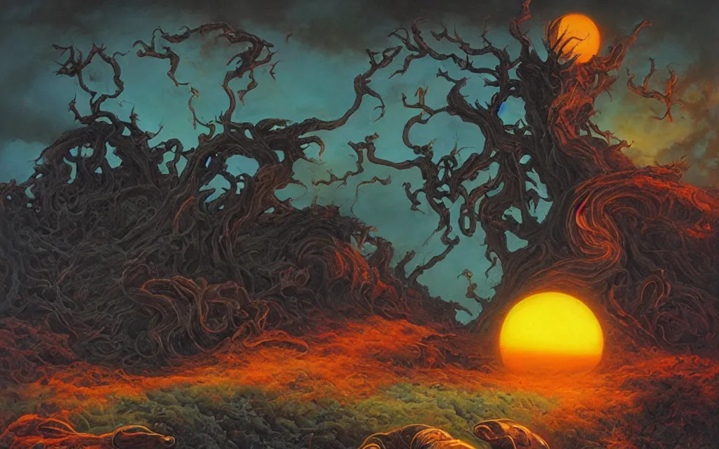 Image similar to black dead sun howling nightmare mythos dread sun of the void above the tomb wastes, award winning oil painting by Michael Whelan, dream mythos color palette