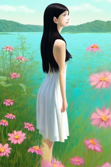 Prompt: mysterious girl with her long black hair dressed in a simple white dress swimming in a lake with flowers, anime art style, digital art by ilya kuvshinov, inspired by balthus, hd, 4 k, hyper detailed, side view