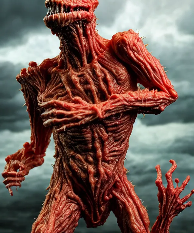 Image similar to hyperrealistic rendering, epic boss battle, cronenberg flesh monster, by art of skinner and richard corben, product photography, collectible action figure, sofubi, hottoys, storm clouds, outside, lightning