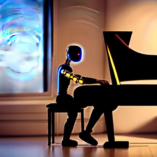 Image similar to a cyborg playing the piano in a futuristic apartment, award winning art, 4k, highly detailed, sharp focus, cinematic lighting, smooth