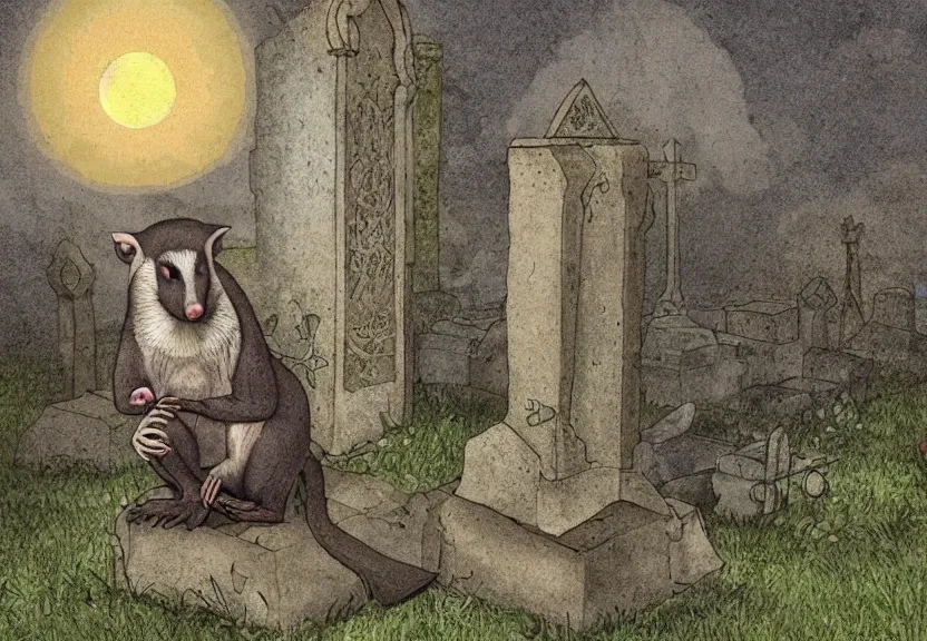 Image similar to a monk possum at a medieval cemetery at night, highly detailed, digital art, isometric