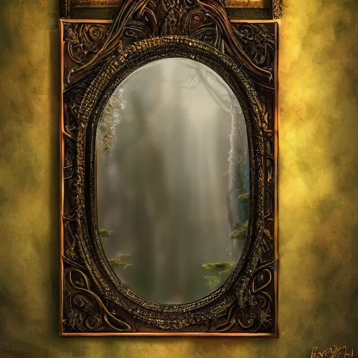 Image similar to a spell binding mirror, epic mystical background by Keith Thompson and Christopher Bretz, highly detailed, digital painting, HDRI, vivid colors, high contrast, 8k resolution, intricate, photorealistic, smooth