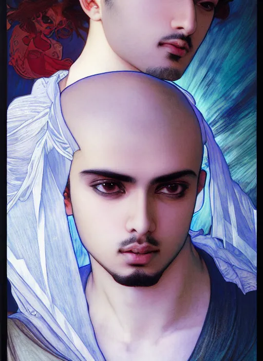 Prompt: beautiful medium shot portrait of a young arabic man inspired by ayami kojima with short hair dressed with a white t - shirt looking into the camera from three - quarters, white background white bank studio light, art by yoshitaka amano, alfons mucha, final fantasy, high quality, 8 k