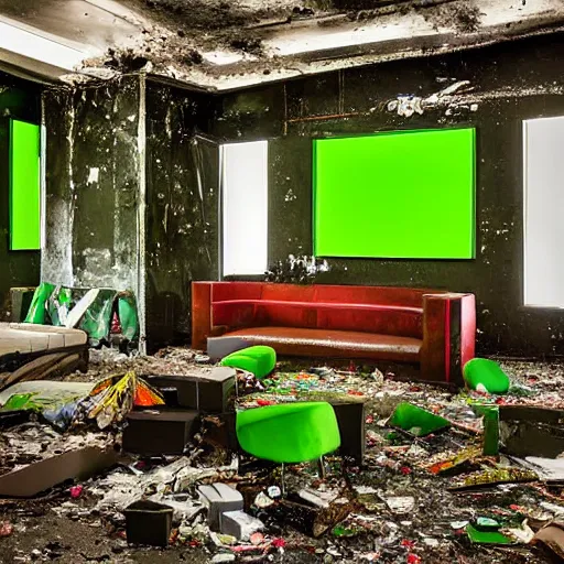 Image similar to dayglo green, taco bell opulent by nacho carbonell. a body art of a room that is wrecked, furniture overturned, belongings strewn about, & debris everywhere. the only thing left intact is a photograph on the wall shows a tidy, well - appointed space, with everything in its place.