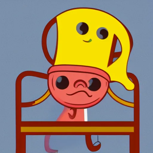 Prompt: A cartoon image of a happy hotdog wearing a yellow hat, sitting on a chair in a room with burning walls