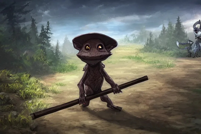 Image similar to a lone d & d kobold, traveling long dirt road, carrying a bindle on a stick, fantasy setting, 4 k, digital art 🎨🖌