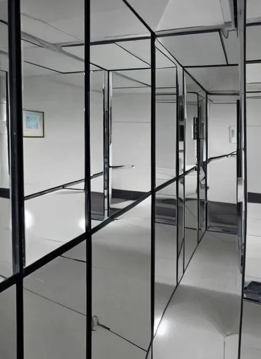 Image similar to a futuristic sci - fi room with mirrored walls