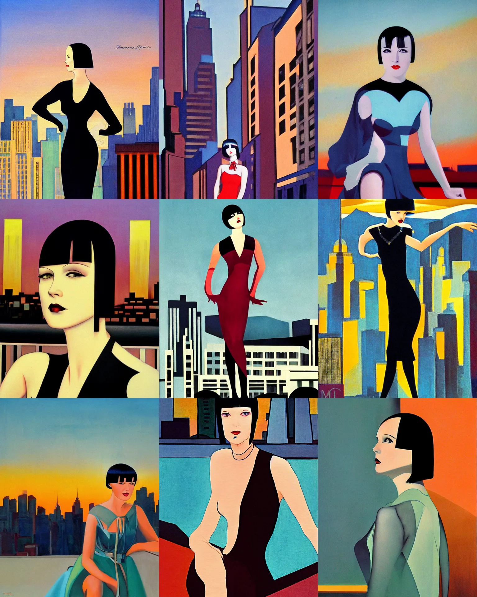 Prompt: mary louise brooks, dramatic light, art deco city background, sunset, high contrast, sharp, painted by stanley lau,, painted by stanley artgerm,, painted by patrick nagel