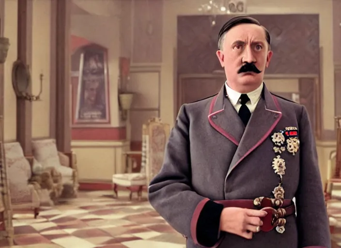 Prompt: a film still of a pompous adolf hitler in the grand budapest hotel ( 2 0 1 4 ) )