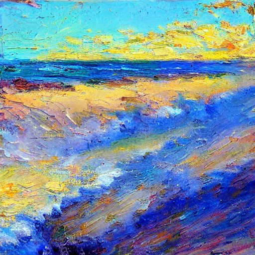 Image similar to a beach in western australia, modern, impressionist, highly textured landscape, palette knife, layered, sculptured, dynamic, oil on canvas