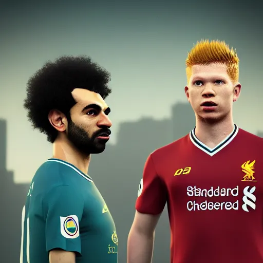 Image similar to a hybrid of mohamed salah and kevin de bruyne, 3 d octane render, artstation, edu souza, sichen lin