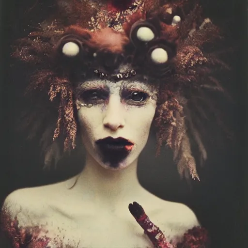 Prompt: kodak portra 4 0 0, wetplate, photo of a surreal artsy dream scene,, weird fashion, ultra - realistic face, expressive eyes, extravagant dress, carneval, animal, wtf, photographed by paolo roversi style