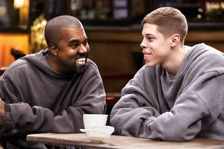 Image similar to Kanye West and Pete Davidson (2022) are best friends, drinking coffee at central perk, still photo, hyperrealistic, 35mm, 8k, by weta digital