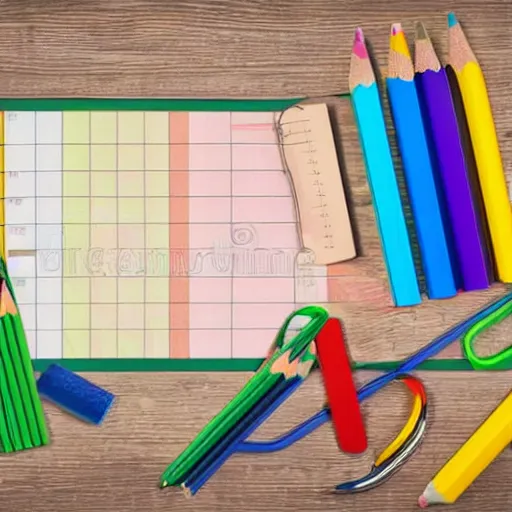 Image similar to back to school with school supplies and equipment, background and poster for back to school, lots of colored pencils along with a pencil sharpener and a ruler, 3 d rendering