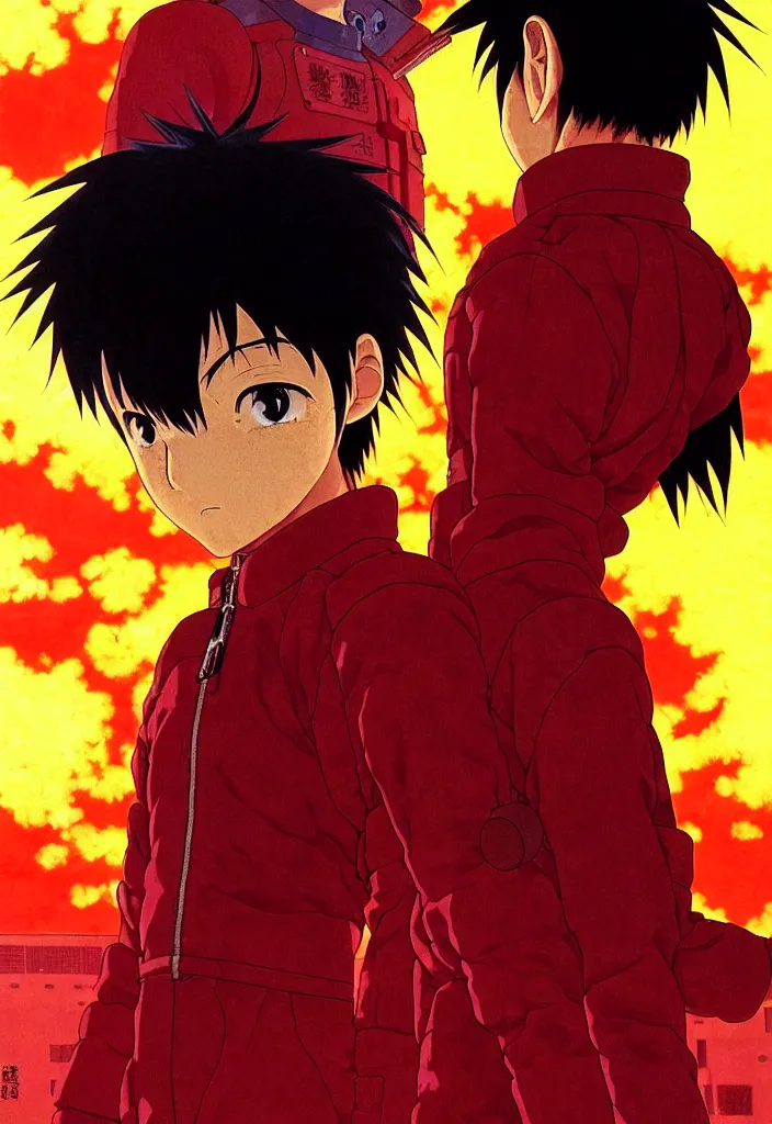 Image similar to detailed anime character portrait of kaneda from akira by katsuhiro otomo, silhouetted by a burning sun in neo - tokyo | anime, matte painting, dystopian megacity neo - tokyo, perfect, fine details, realistic, shaded, lighting, akira, artgerm, jeremy lipkin and michael garmash and rob rey