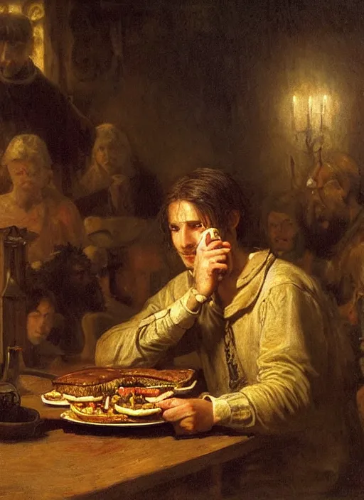 Image similar to young man eating a hamburger in the center of a dark medieval dinning room, surrounded by starving people in front of a giant painting, extremely realistic and highly detailed painting by gaston bussiere, soft light, gold ratio