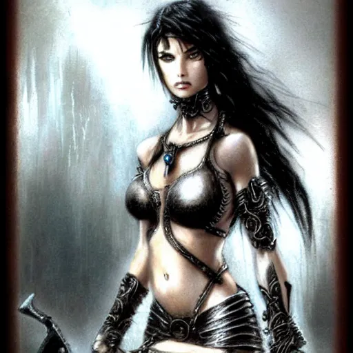 Prompt: female warrior, black hair, cinematic, by luis royo