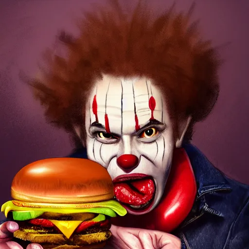 Image similar to portrait photography of Malcolm Gladwell in clown makeup eating a giant hamburger, extra ketchup and mustard with overflowing bacon lettuce and tomato, cinematic lighting, highly detailed, feminine ethereal, D&D, hearthstone, digital painting, artstation, concept art, smooth, sharp focus, illustration, art by Terry Moore and Greg Rutkowski and Alphonse Mucha