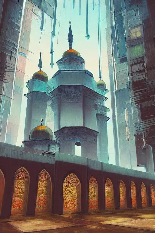 Image similar to painting of a mosque, cyberpunk style