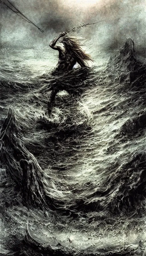Image similar to man on boat crossing a body of water in hell with creatures in the water, sea of souls, by luis royo,