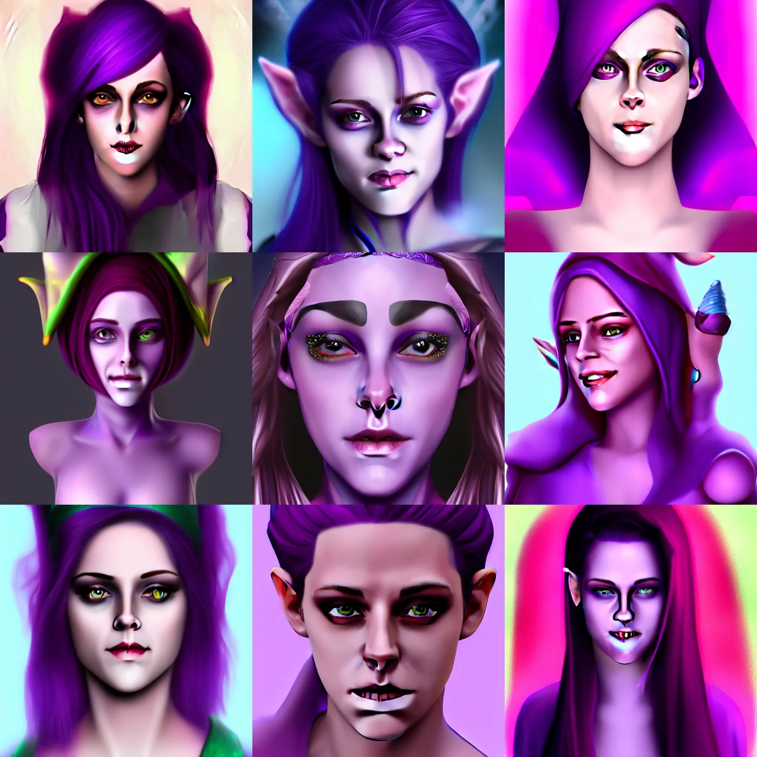 Prompt: Purple skinned Kristen Stewart as a smiling Elf wizard smooth purple skin!, + purple skin Photorealistic digital art trending on artstation, artgem, 4k HD.