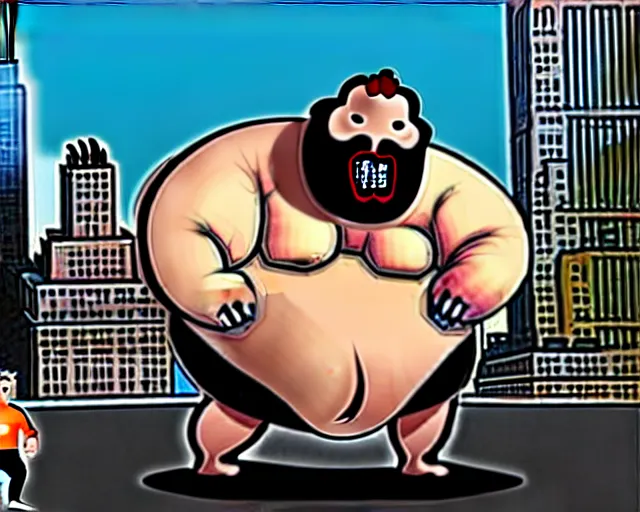 Image similar to [ 1 6 k ] a ginourmous fat behemoth putrid rotting smelly man stomping over new york city. terrorist attack. people running for their lives