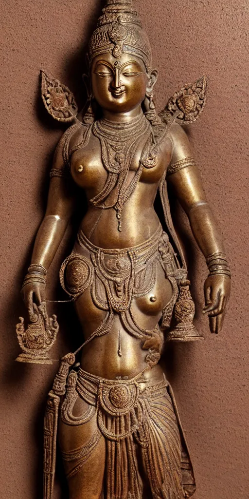 Image similar to detailed photo of an old bronze patina statue of lakshmi indian godess, full body portrait, photorealism, intricate detail, museum diffuse lighting