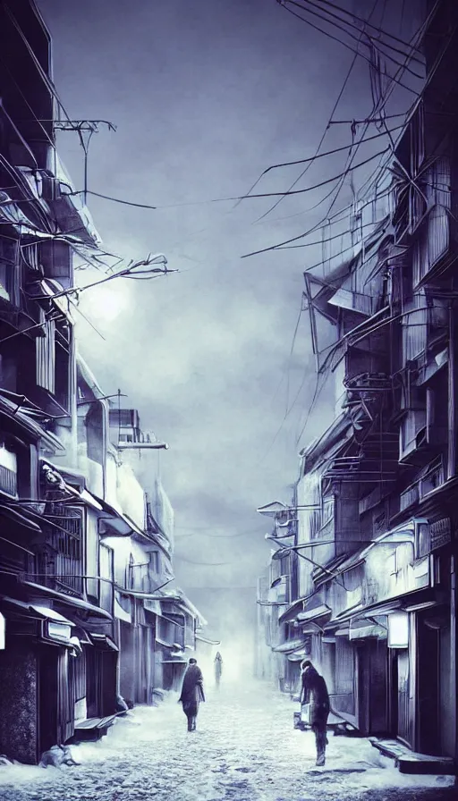 Image similar to nuclear winter, street of kyoto, near future, fantasy, sci - fi, hyper realistic, serene, morning.