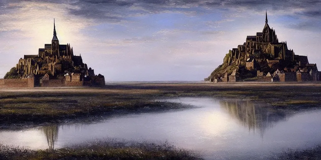 Image similar to masterpiece oil painting portraying mont saint michel in the style of romanticism landscape painters with a tree on the foreground,beautiful!!!!!!!,misty!!!!!!!!!,detailed!!!!!!!,night sky,evocative,reflection in the water,photorealistic,chiaroscuro,soft lighting