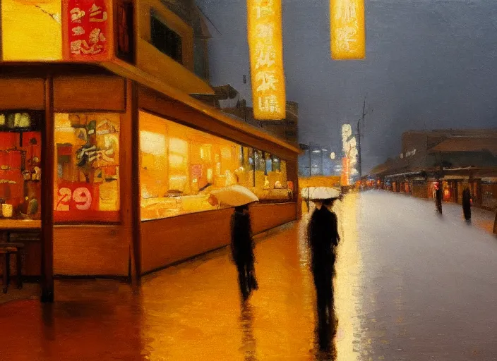 Image similar to last open ramen place in a street at night, melancholic, rainy night, in the style of australian tonalism, oil on canvas