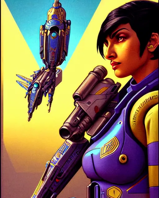 Image similar to pharah from overwatch, character portrait, portrait, close up, concept art, intricate details, highly detailed, vintage sci - fi poster, retro future, in the style of chris foss, rodger dean, moebius, michael whelan, and gustave dore